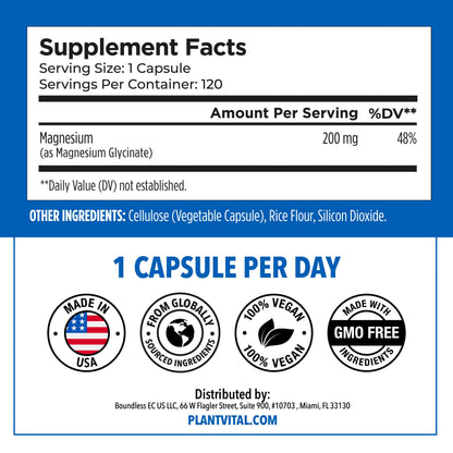 PlantVital Magnesium Glycinate 200mg - Supports Restful Sleep, Muscle & Nerve Function, Normal Heart & Bone Health - Feel Calm & Relax - Vegan, Third Party Tested, Gluten Free, Non-GMO - 120 Capsules PlantvitalBuy Supplements Australia