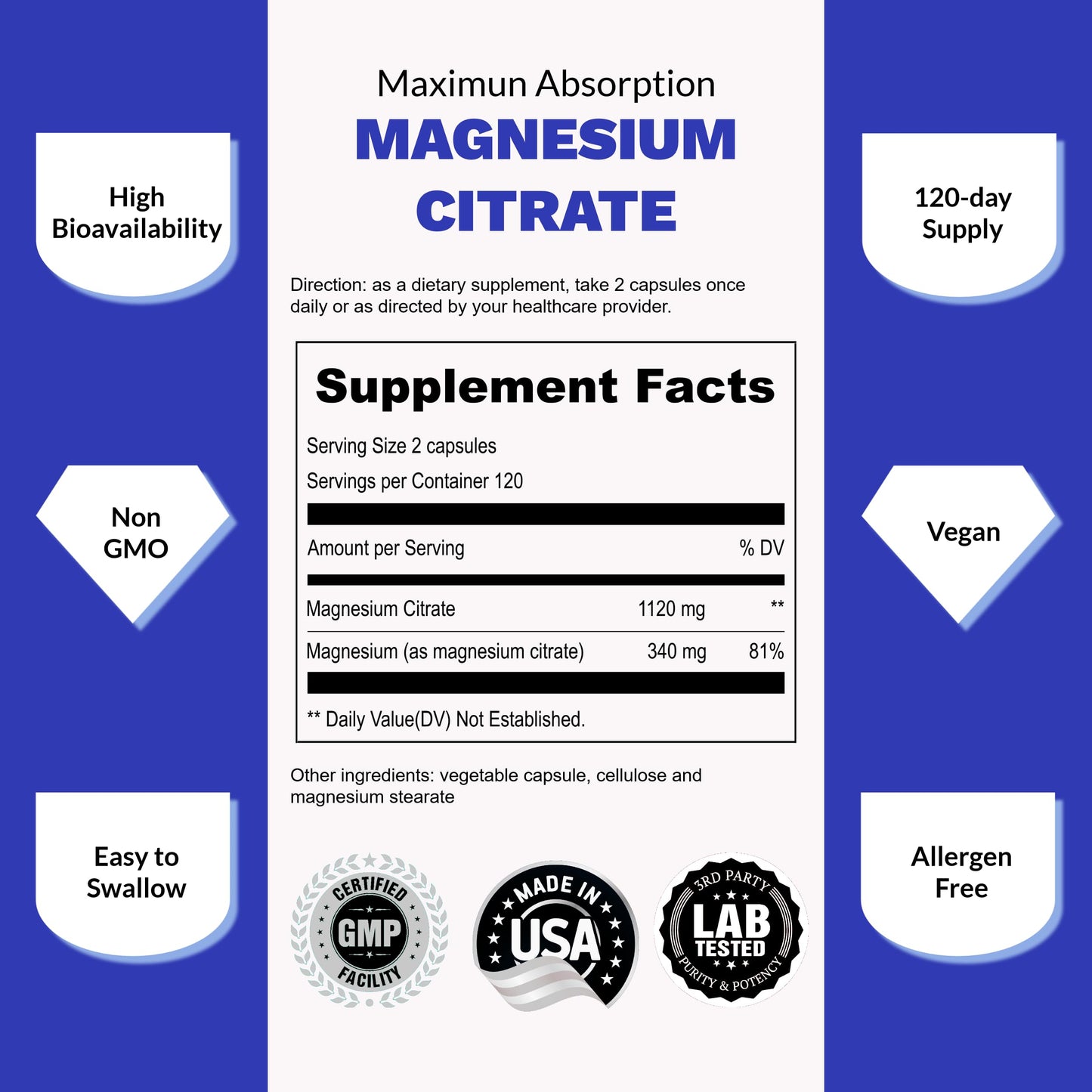 UpNourish Pure Magnesium Citrate (Citrato de Magnesio) 1120mg, 240 Capsules UpNourishBuy Supplements Australia