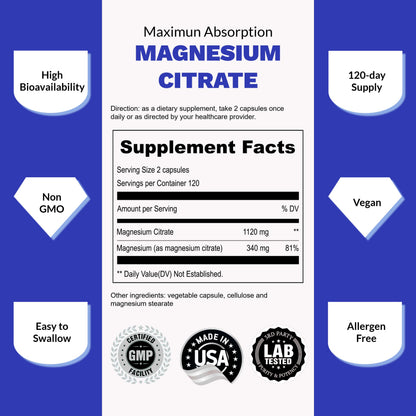 UpNourish Pure Magnesium Citrate (Citrato de Magnesio) 1120mg, 240 Capsules UpNourishBuy Supplements Australia