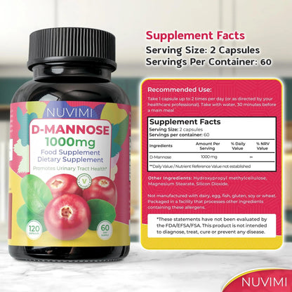 NUVIMI D Mannose 120 Capsules - 1000 mg per Dose - Dietary Supplement Helps Promote Urinary Tract Health - Natural Vegan UTI Defense NUVIMIBuy Supplements Australia