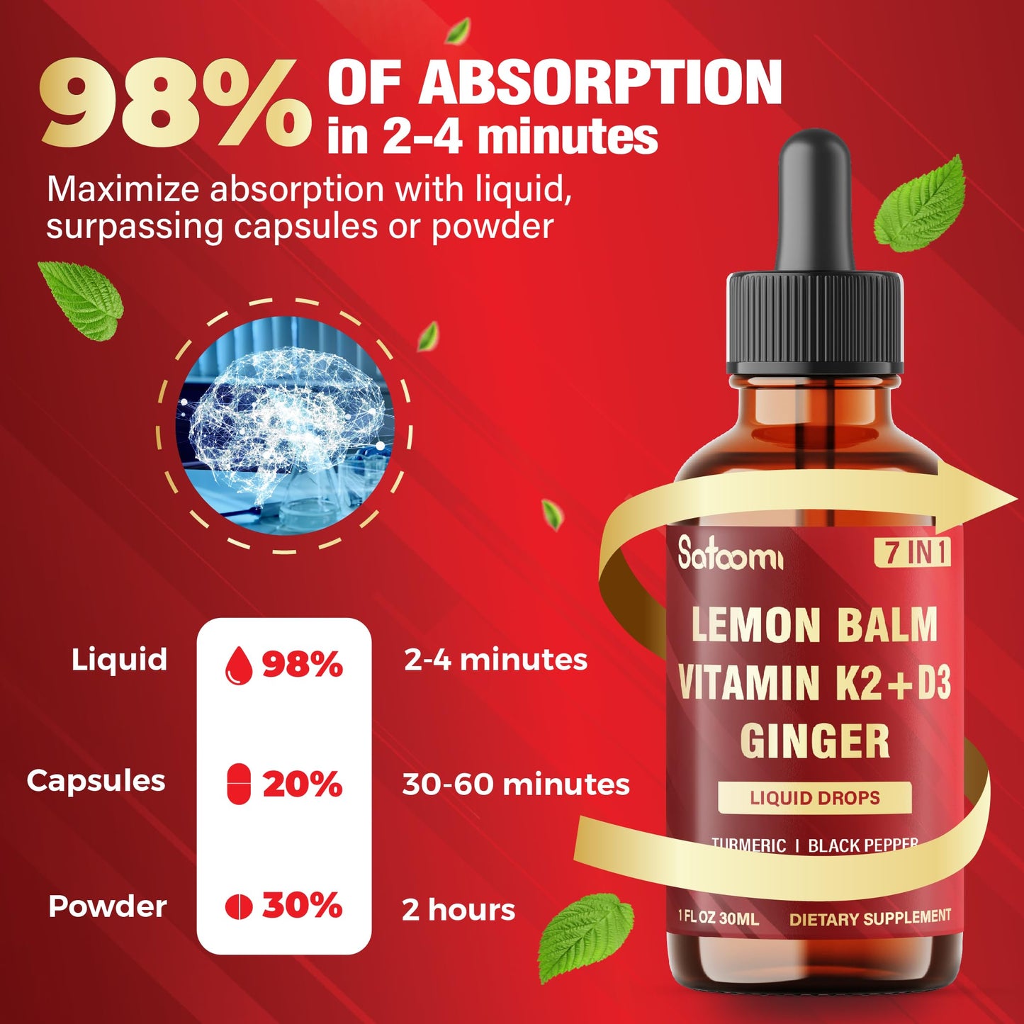 Satoomi 7in1 Lemon Balm Tincture with Vitamin D3, Vitamin K2, Ginger Root, Turmeric, Ceylon Cinnamon and Black Pepper - 1 FL Oz - 60 Day Supply SatoomiBuy Supplements Australia