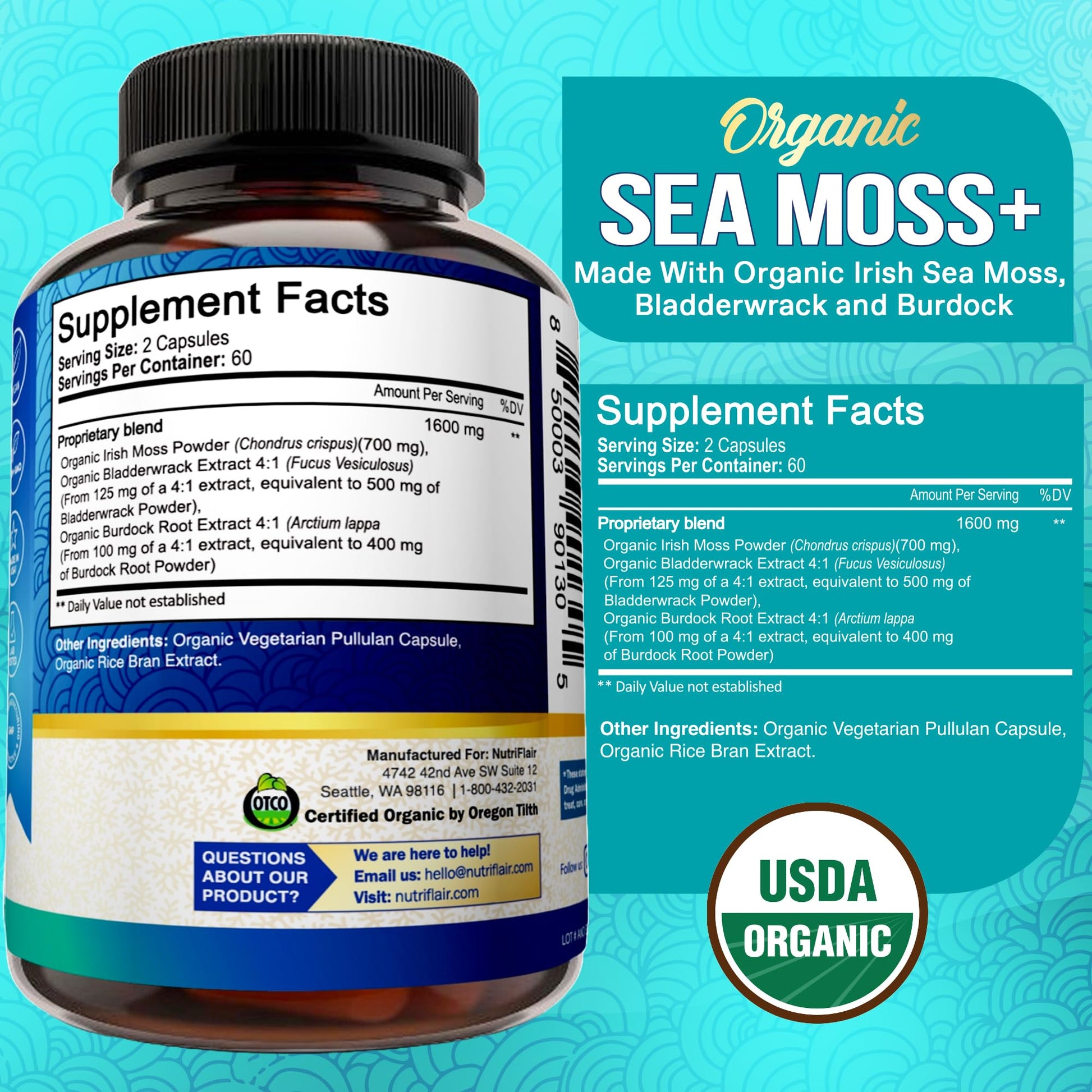 NutriFlair Organic Sea Moss 1600mg, 120 Capsules Plus Bladderwrack & Burdock - Prebiotic Super Food - Immune System & Digestive Health - Thyroid, Healthy Skin, Keto Detox, Gut NutriFlairBuy Supplements Australia