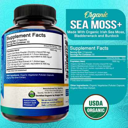 NutriFlair Organic Sea Moss 1600mg, 120 Capsules Plus Bladderwrack & Burdock - Prebiotic Super Food - Immune System & Digestive Health - Thyroid, Healthy Skin, Keto Detox, Gut NutriFlairBuy Supplements Australia