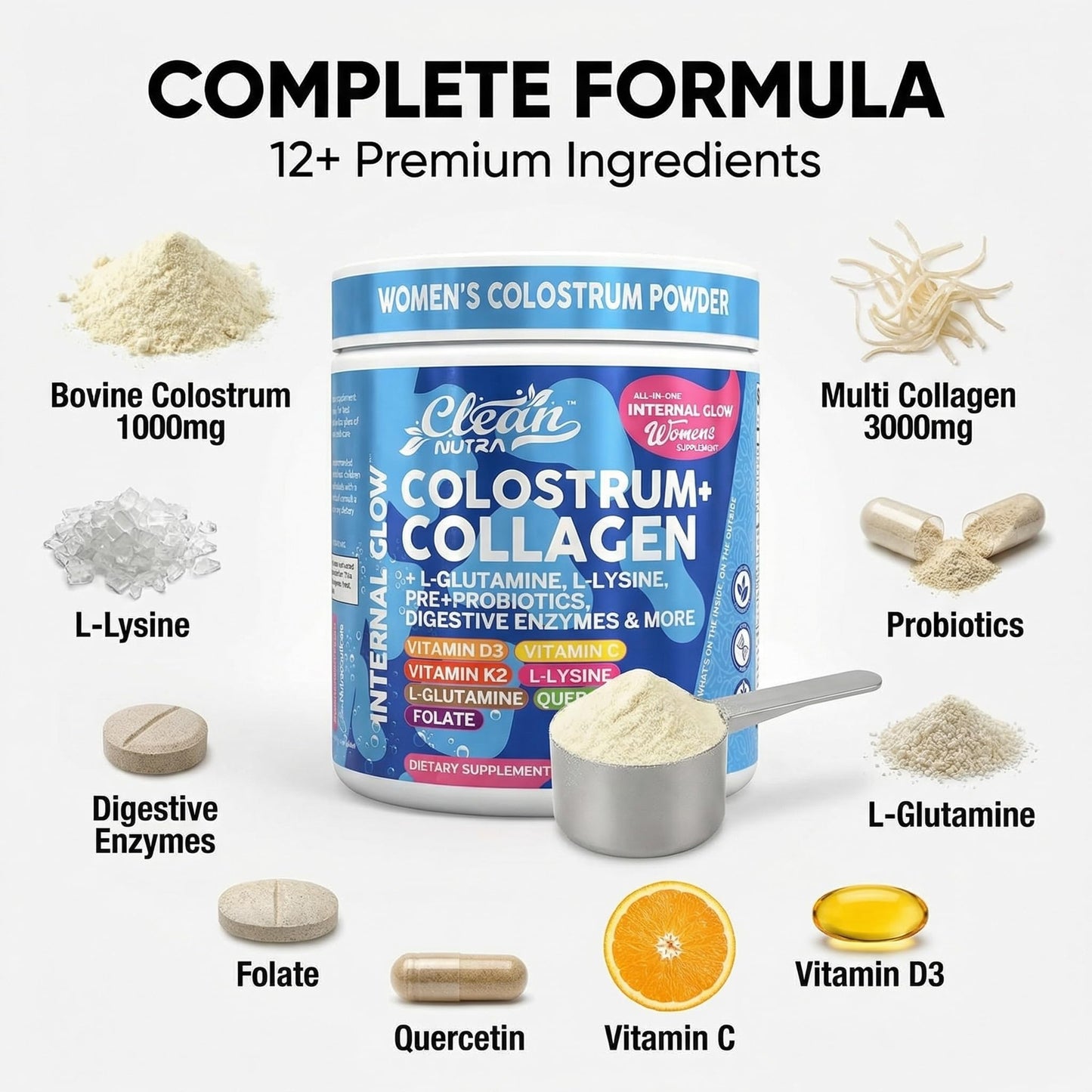 Bovine Colostrum Powder + Collagen Peptides with L-Glutamine L-Lysine Prebiotics Probiotics Digestive Enzymes Vitamin D K2 C Quercetin & Folate | Gut Health Supplement Internal Glow By Clean Nutra Clean NutraceuticalsBuy Supplements Australia