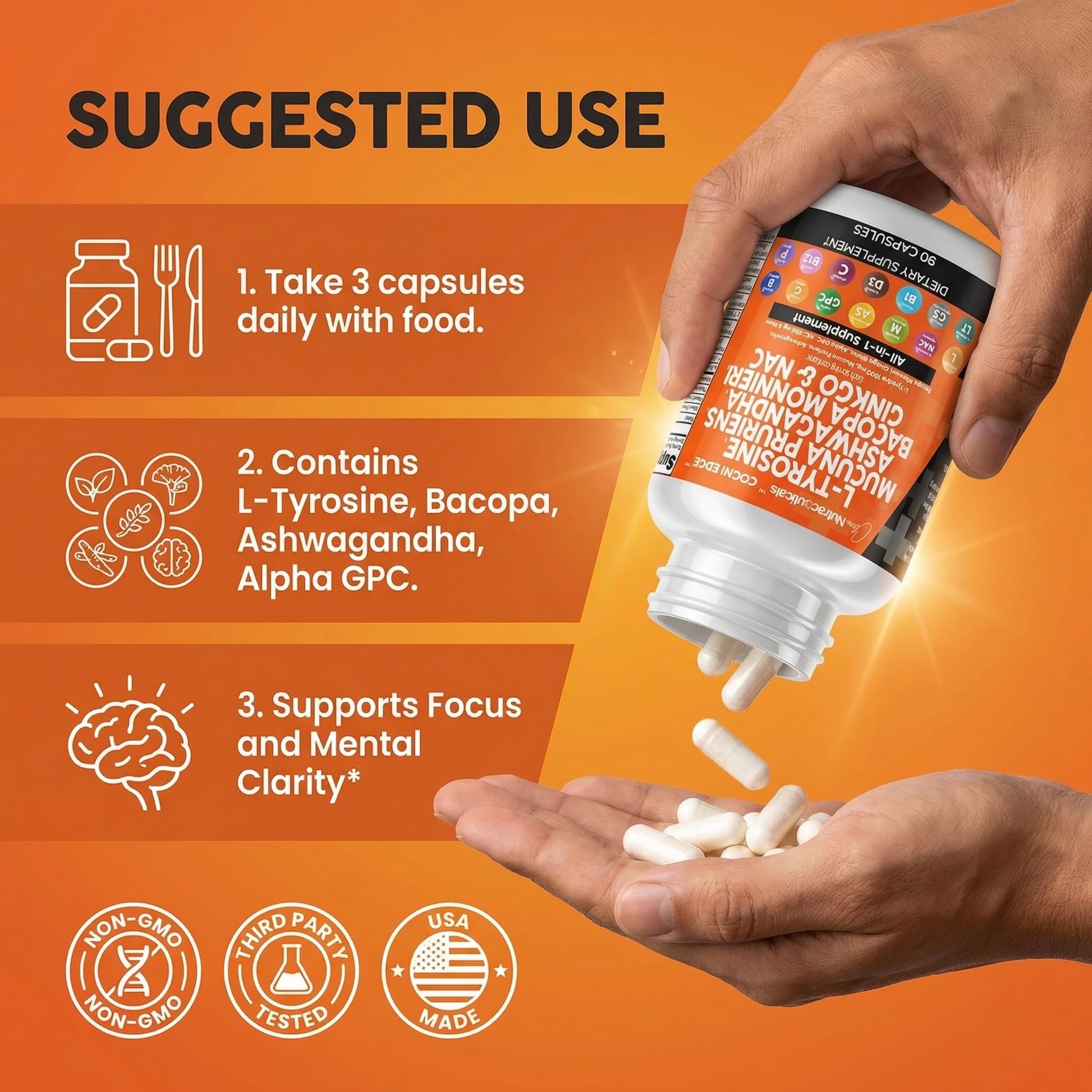 Clean Nutraceuticals L Tyrosine Mucuna Pruriens Bacopa Monnieri Ashwagandha Focus Supplement w/N-Acetyl Cysteine NAC 5-HTP Ginkgo Biloba Alpha GPC Vitamin C D B1 B12 Clean NutraceuticalsBuy Supplements Australia
