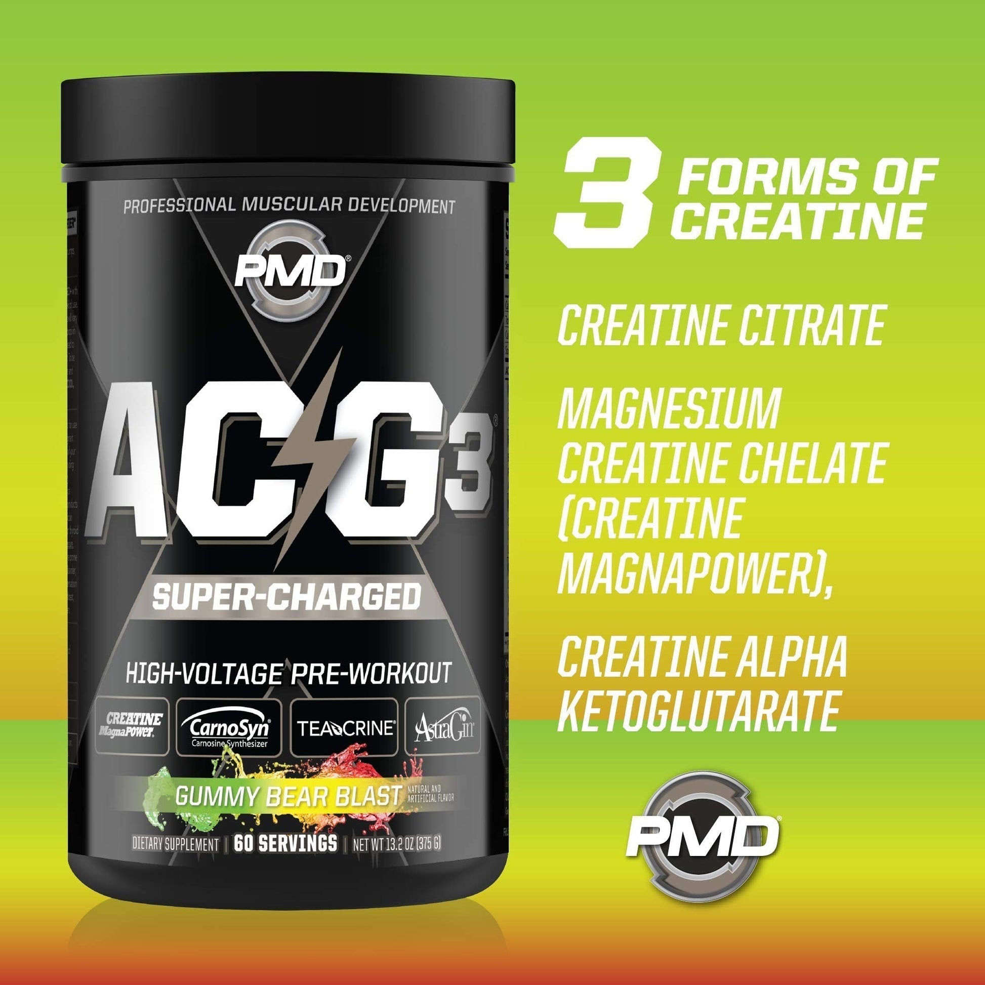 PMD Sports ACG3 Supercharged - Pre Workout - Powerful Strength, High Energy, Maximize Mental Focus, Endurance and Optimum Workout Performance for Men and Women - Gummy Bear Blast (60 Servings)