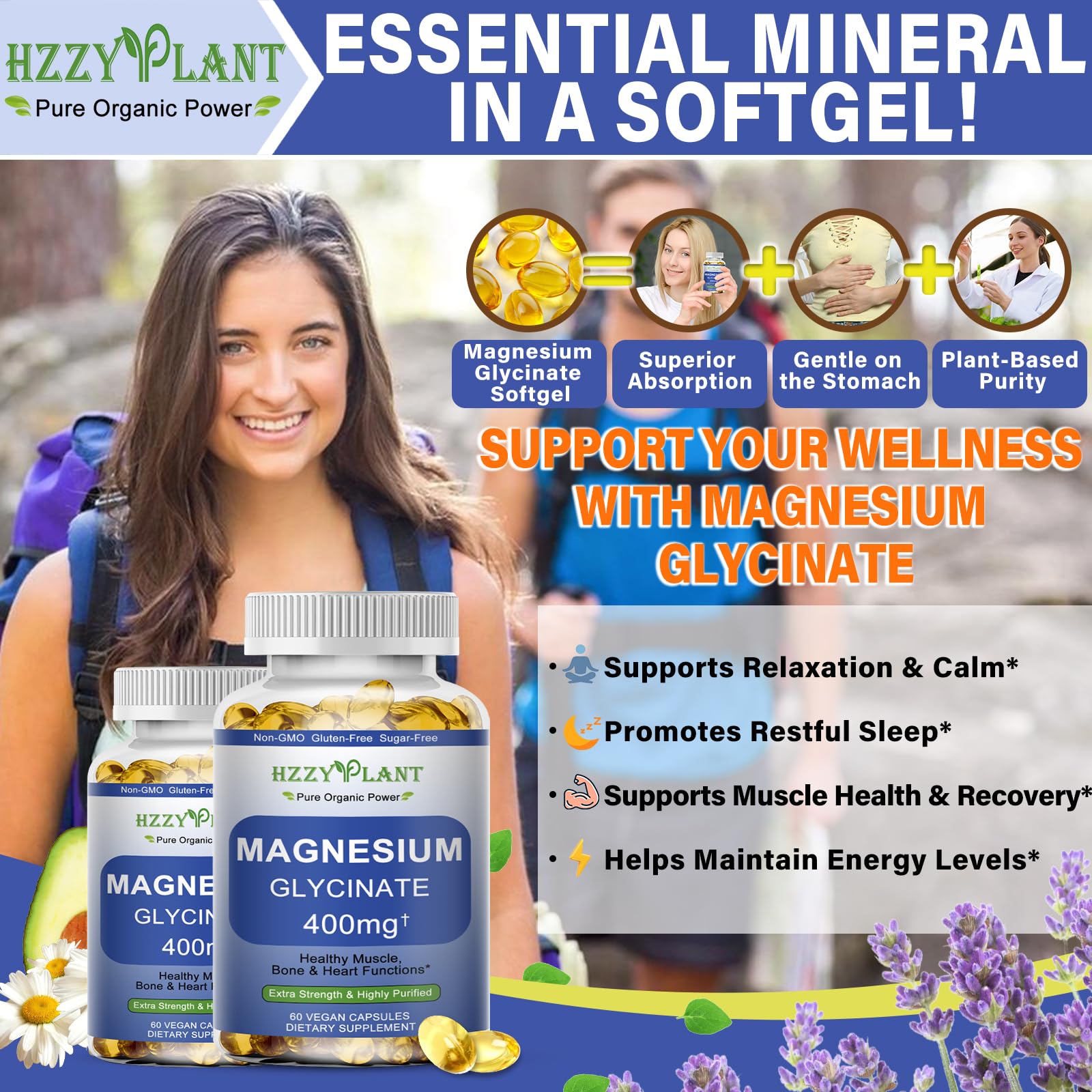 Magnesium Glycinate Softgels, High Absorption Magnesium Glycinate 400mg Supplement for Muscle, Heart, Sleep & Bone Support, Bisglycinate Softgel Capsules Supplement, Vegan, Non-GMO, 2 Month Supply HZZYPLANTBuy Supplements Australia