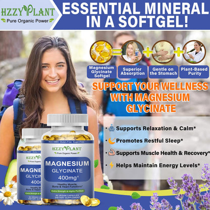 Magnesium Glycinate Softgels, High Absorption Magnesium Glycinate 400mg Supplement for Muscle, Heart, Sleep & Bone Support, Bisglycinate Softgel Capsules Supplement, Vegan, Non-GMO, 2 Month Supply HZZYPLANTBuy Supplements Australia