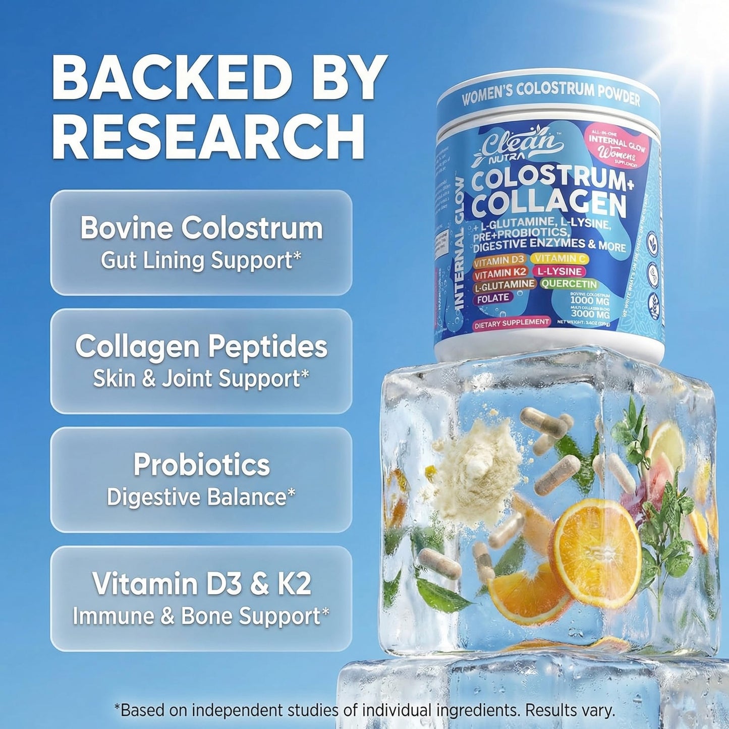 Bovine Colostrum Powder + Collagen Peptides with L-Glutamine L-Lysine Prebiotics Probiotics Digestive Enzymes Vitamin D K2 C Quercetin & Folate | Gut Health Supplement Internal Glow By Clean Nutra Clean NutraceuticalsBuy Supplements Australia