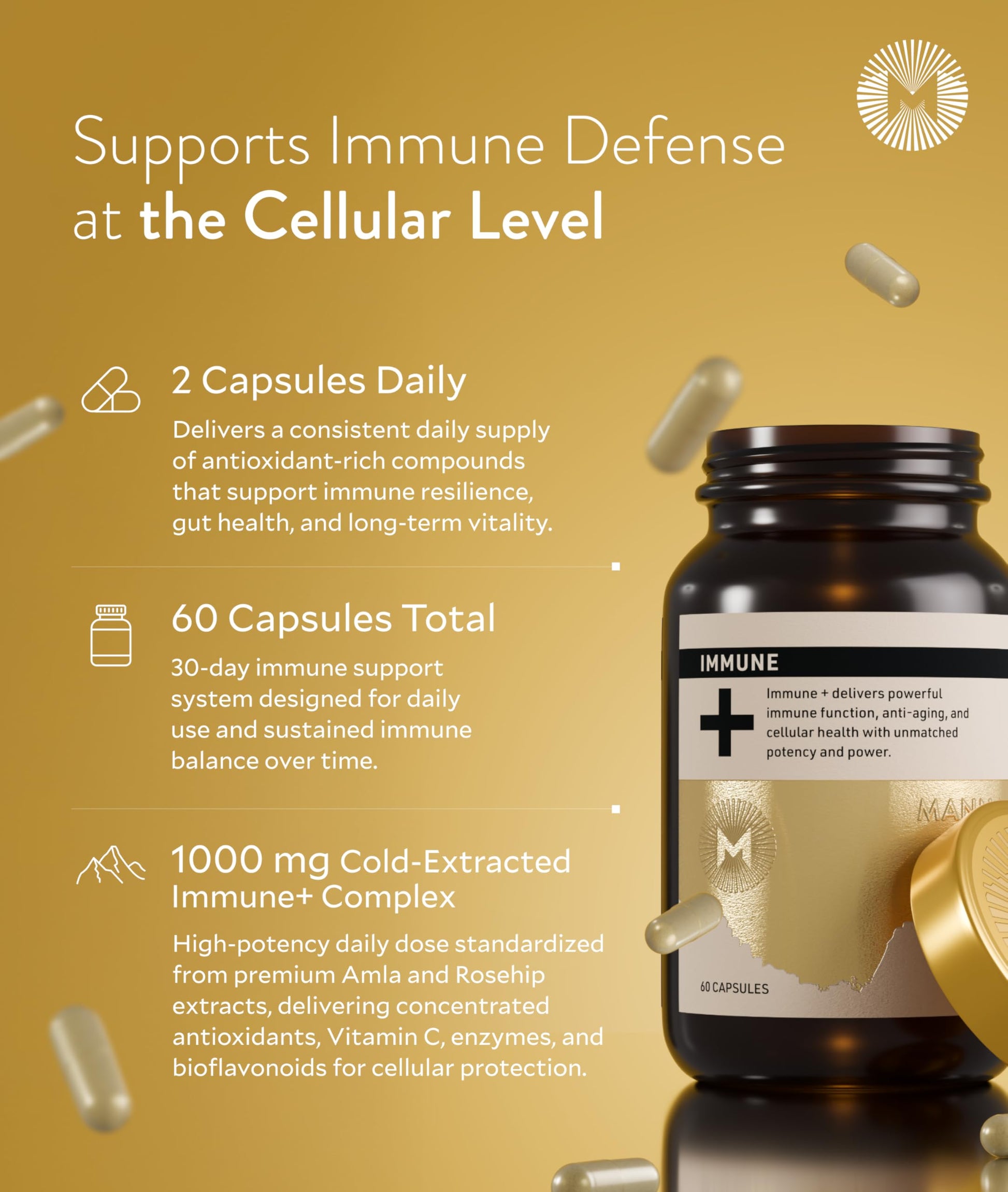 Manna Immune+ Capsules | 500mg Amla Extract & 500mg Rosehip Extract | Vitamin C Supplement for Immune Boost, Antioxidants, Heart Health, Digestion & Immune System Support | For Daily Use | 60 Count M MannaBuy Supplements Australia