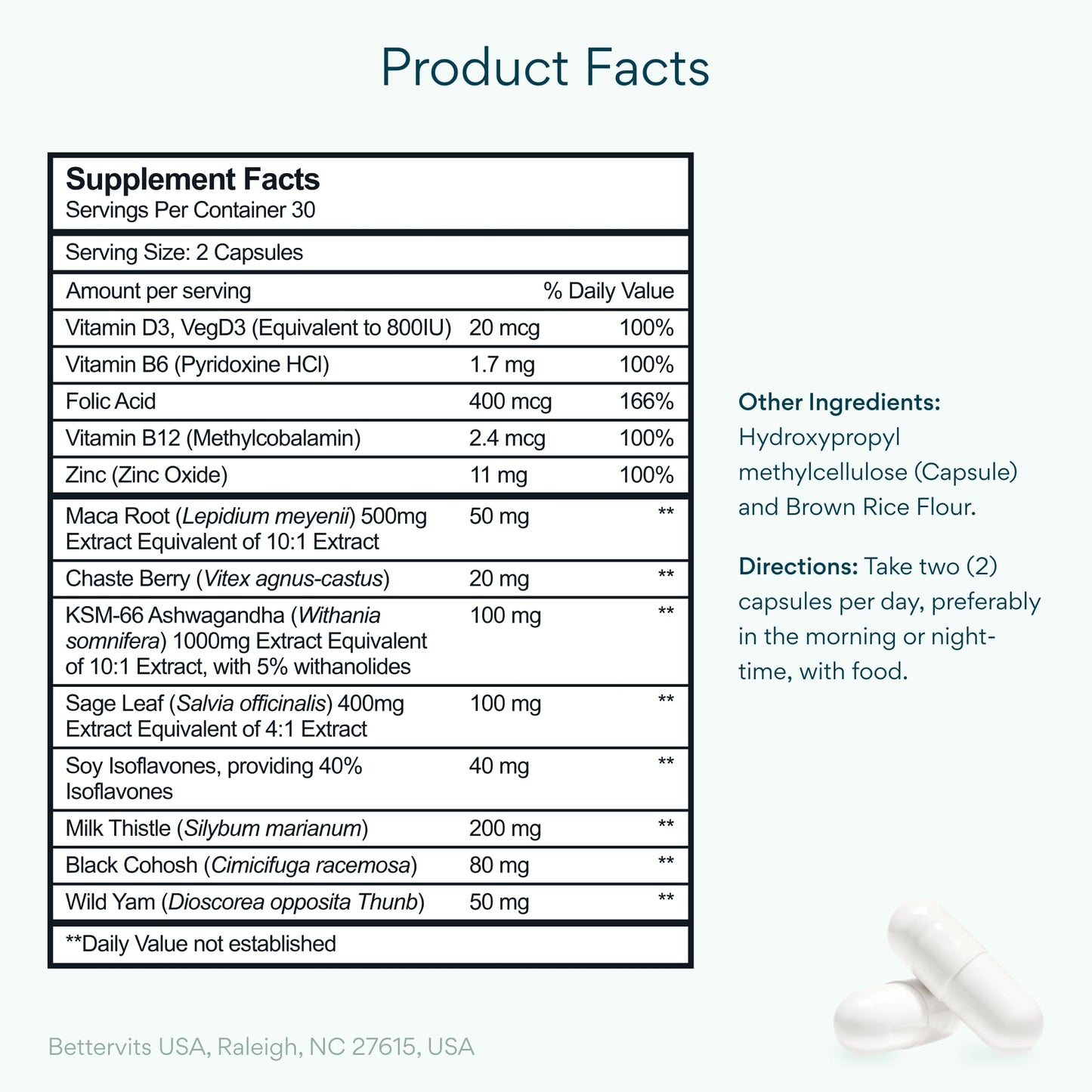Bettervits Menopause Supplements for Women with Ashwagandha and Zinc | Hormone Balance Support with Vitamins D3 B6 B12 for Hot Flashes | Perimenopause Supplements for Monthly Wellness - 60 Capsules BettervitsBuy Supplements Australia