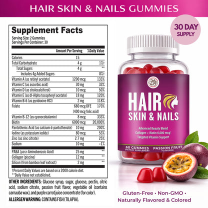 Grab The Gold Hair Skin & Nails Vitamins for Women | Gummies with 6000mcg Biotin & Collagen | 10 Essential Vitamin & Minerals | Gluten-Free, Non-GMO, Passion Fruit Flavor | 1 Month Supply, Made in USA Grab The GoldBuy Supplements Australia