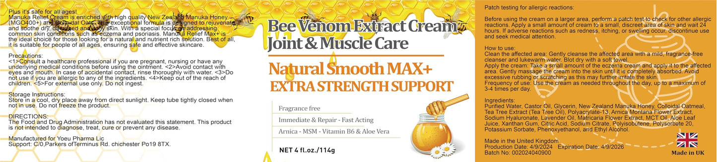 YOKOBBYES Pure Bee Venom Joint, Muscle & Bone Cream, Instant Relief, Back, Neck, Hand, Feet, Knee, Muscle, Shoulder, Ankle, Foot Discomfort, for Adults and The Elderly, YOKOBBYESBuy Supplements Australia