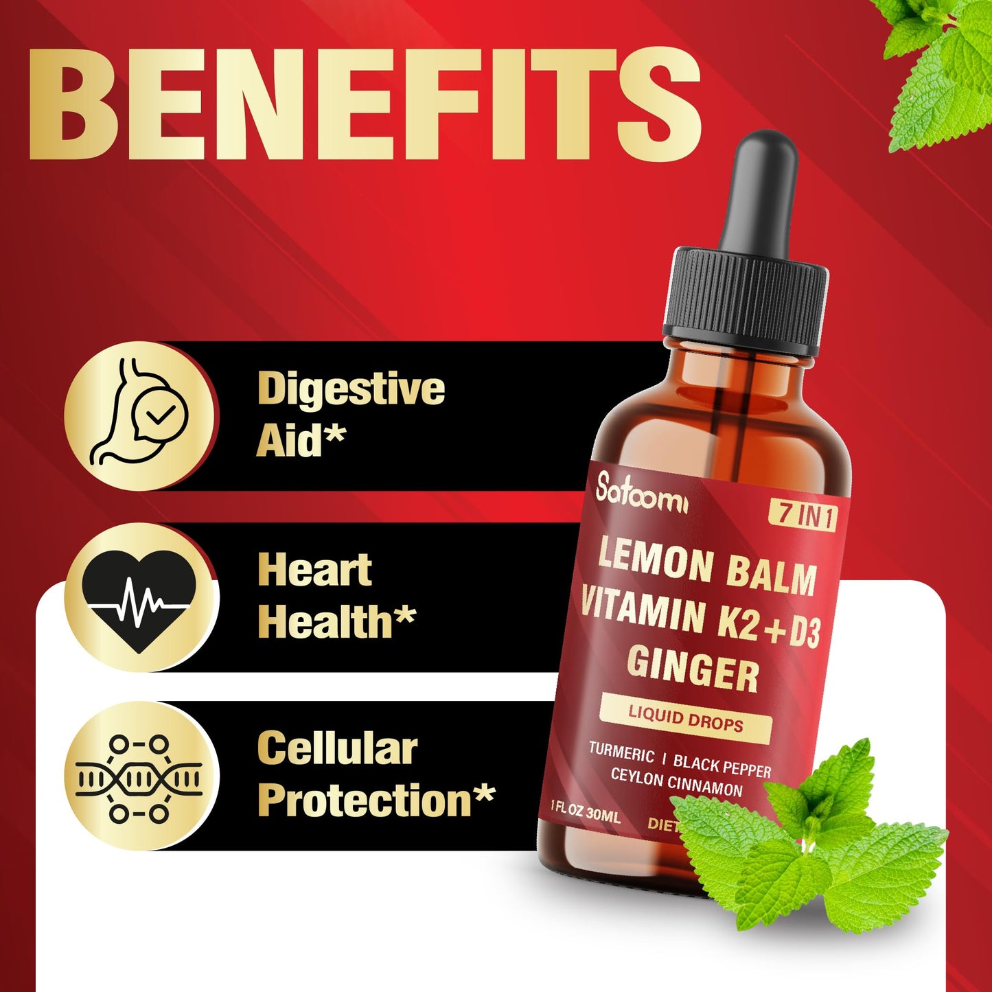 Satoomi 7in1 Lemon Balm Tincture with Vitamin D3, Vitamin K2, Ginger Root, Turmeric, Ceylon Cinnamon and Black Pepper - 1 FL Oz - 60 Day Supply SatoomiBuy Supplements Australia