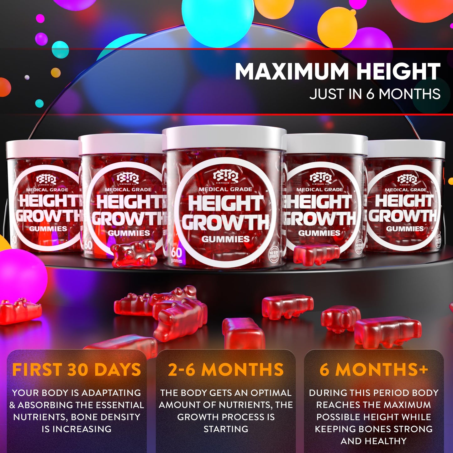 BIOTEQUELAB Height Growth Increase Gummies Vitamins, Grow Tall Supplement, Calcium, Magnesium, Zinc, Ashwagandha,