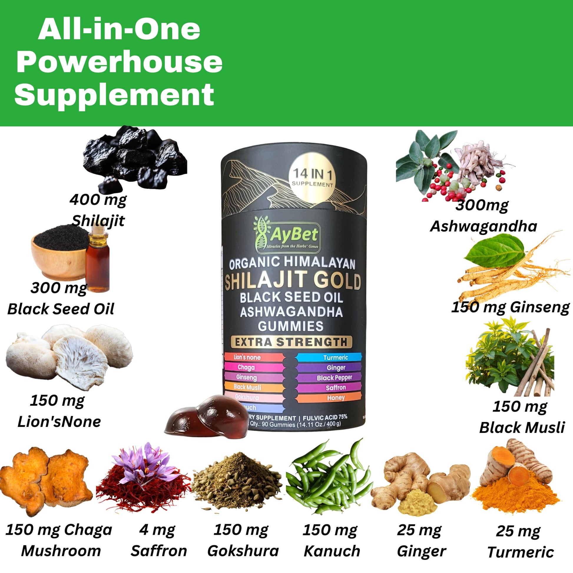 AyBet Organic Himalayan Shilajit Gold Gummies for Men and Women, Black Seed Oil, Ashwagandha, Ginseng, Turmeric, Gokshura, Lion's None, Lab Tested,%75 Fulvic Acid, No Sugar Added, Halal, 90Gummy AyBetBuy Supplements Australia