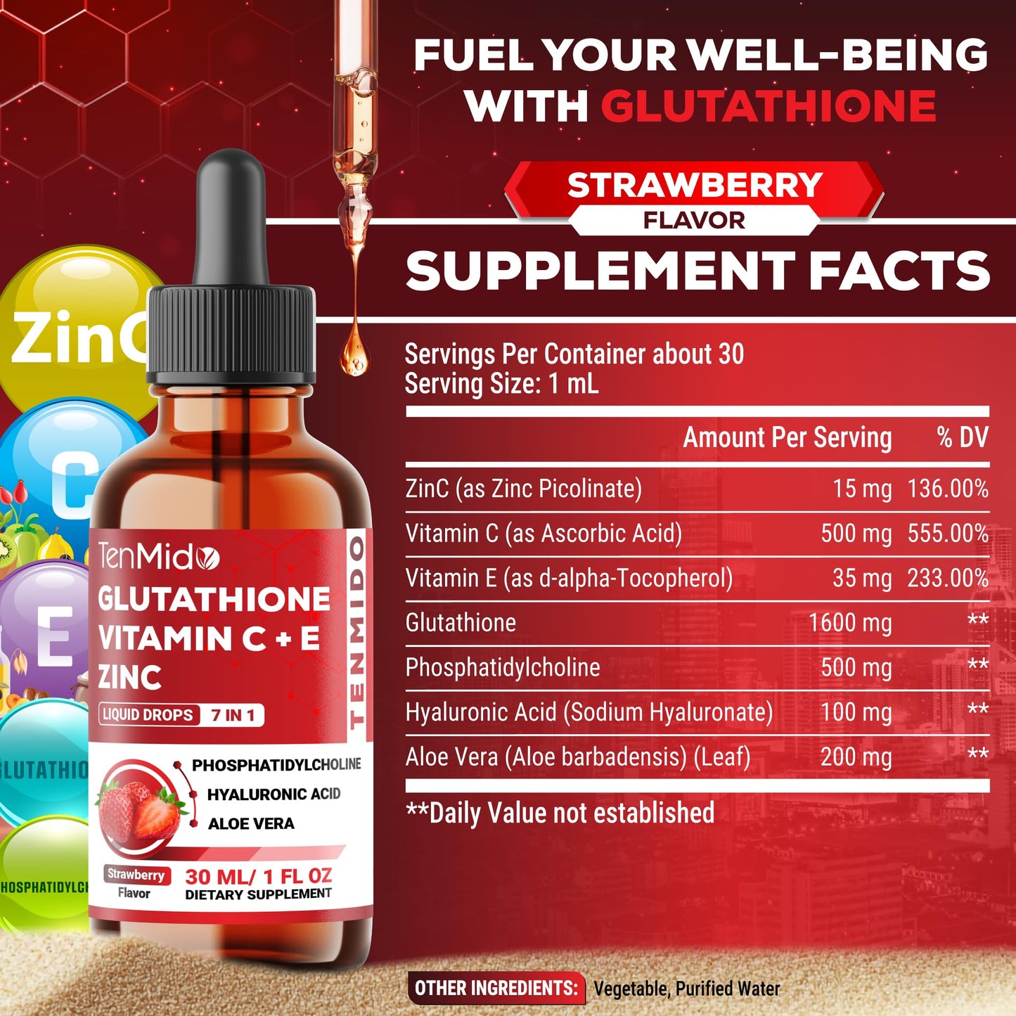 Tenmido Liposomal Glutathione Supplement - 7in1 Liquid Drops with Zinc, Vitamin C, Vitamin E, Phosphatidylcholine, Hyaluronic Acid, and Aloe Vera - Vegan, Non-GMO - 30ml 1 Fl Oz TenmidoBuy Supplements Australia