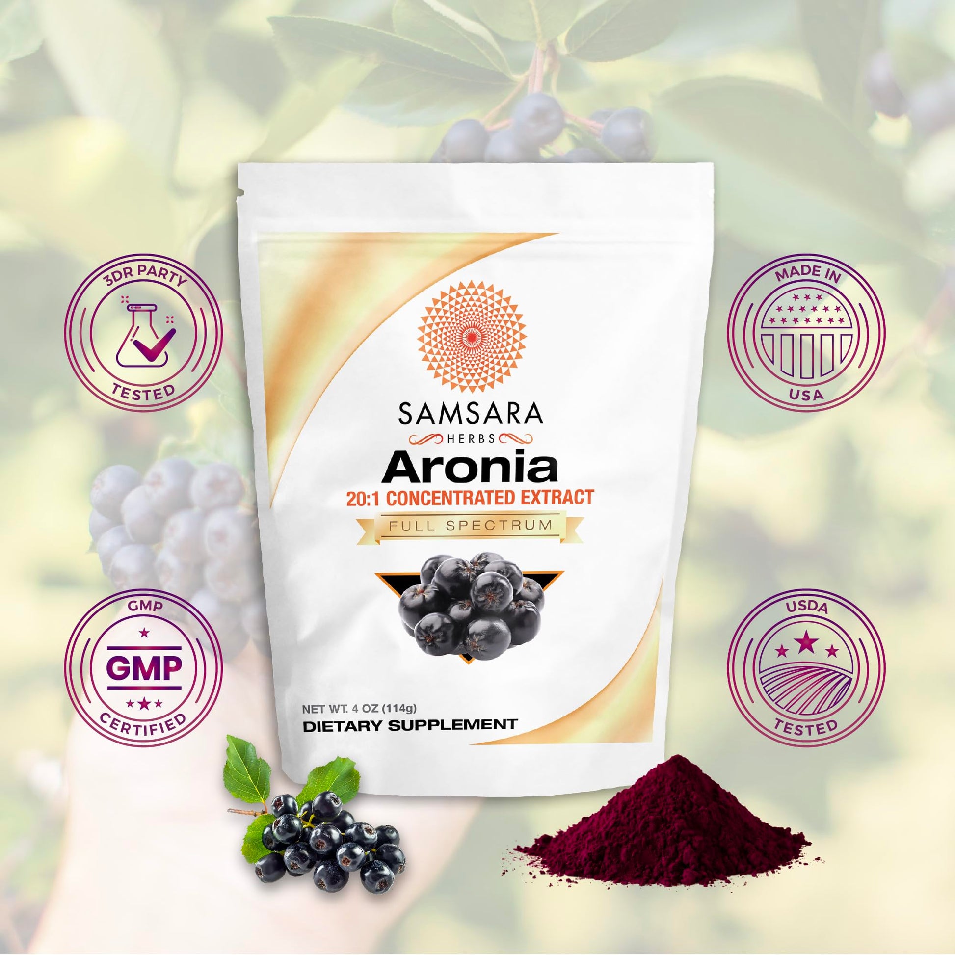 Samsara Herbs Aronia Berry 20:1 Extract Powder (16oz/454g) - Antioxidant, Flavonoids and Polyphenols Supplement - High ORAC - Native American Berry - Improved Wellbeing Samsara HerbsBuy Supplements Australia