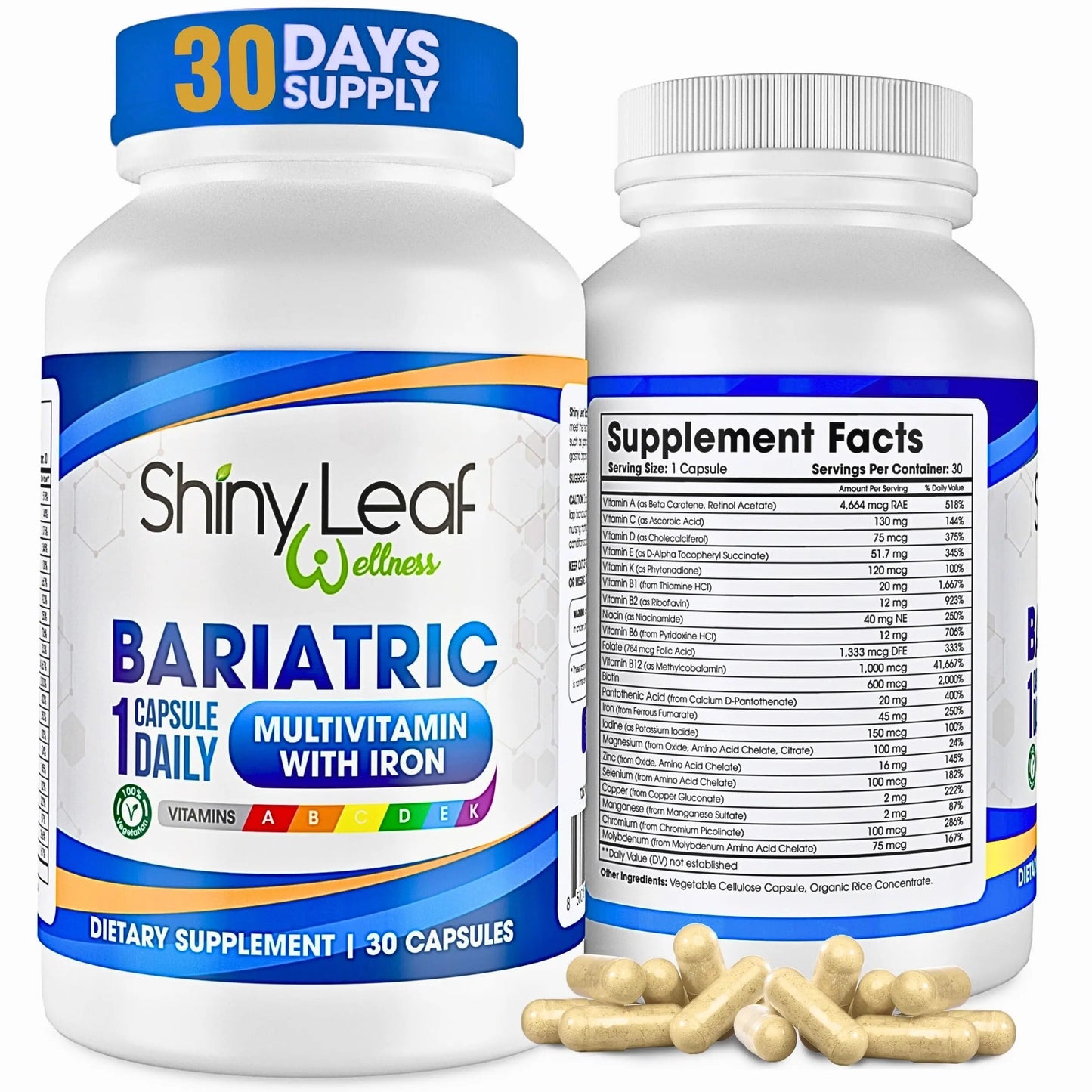 Bariatric Multivitamin with Iron One Capsule Per Day and CoQ10 100mg Supplement for Brain Health and Energy Management Shiny Leaf