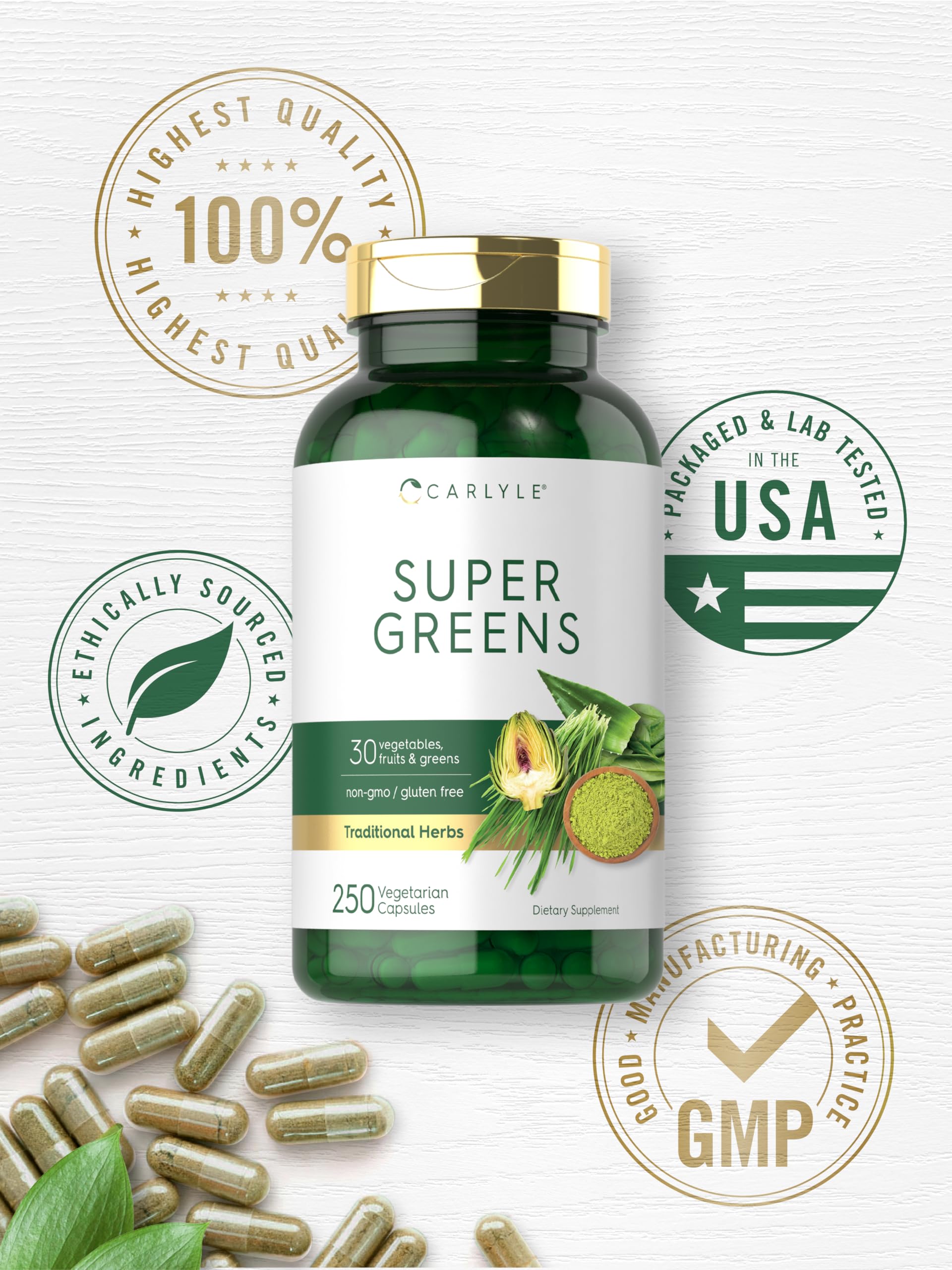 Carlyle Super Greens Capsules | 250 Count | Blend of 13 Vegetables and Greens Plus 17 Fruits | Non-GMO & Gluten Free Supplement CarlyleBuy Supplements Australia