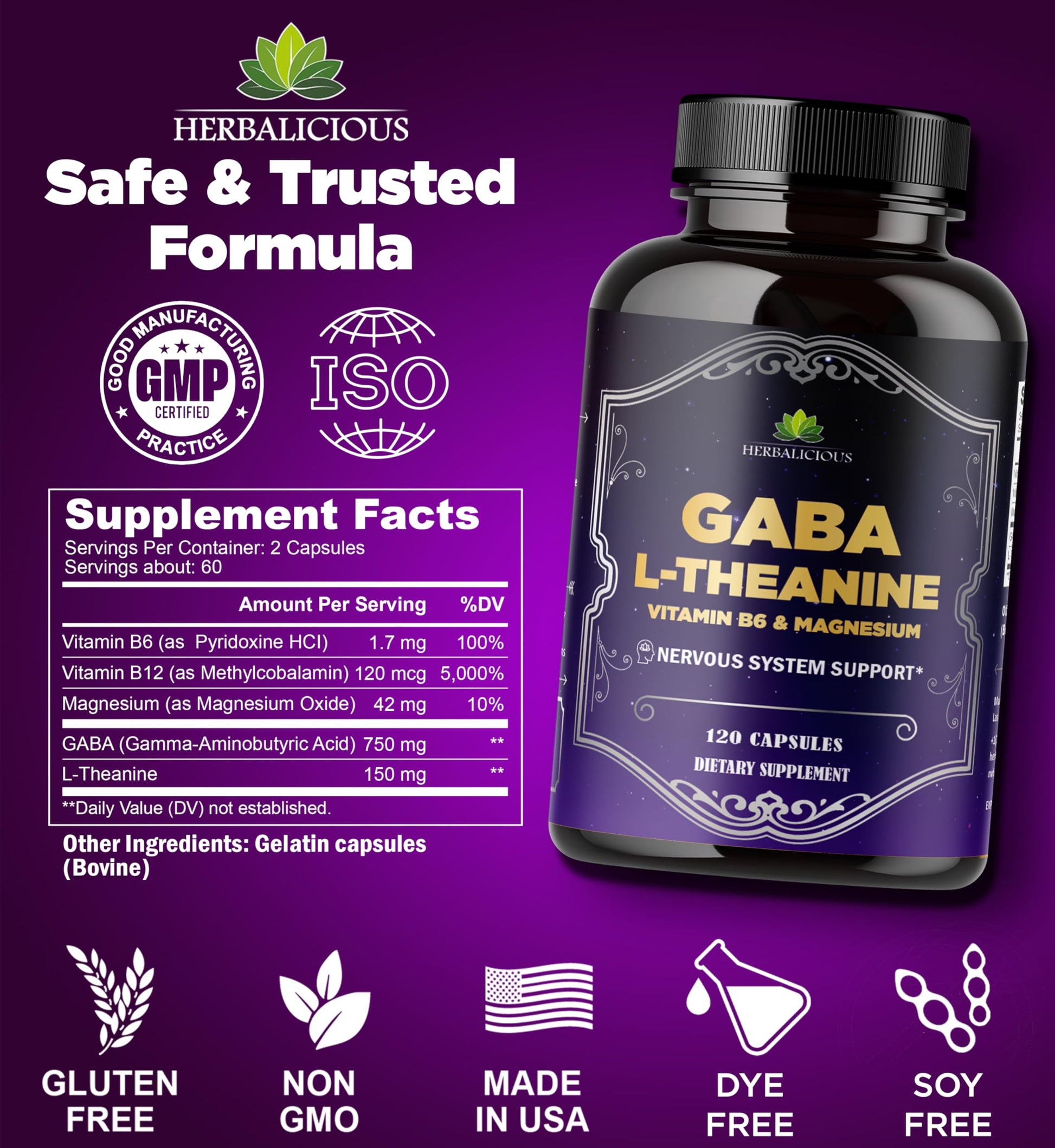 HERBALICIOUS GABA L-Theanine with Magnesium – Calm & Focus Support, Stress Relief, Relaxation + Mood Balance, Brain & Memory Support Supplement – Vitamin B6 + B12 Complex – 120 Capsules HERBALICIOUSBuy Supplements Australia