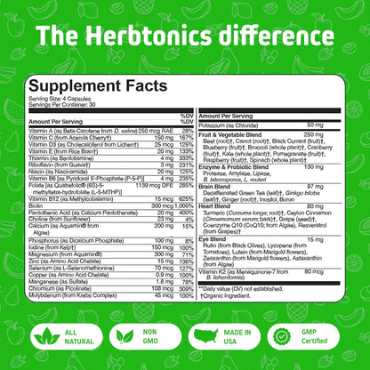 Herbtonics Whole Food Multivitamin for Men & Women – Vegan Multivitamin with Real Fruits & Veggies, Probiotics, CoQ10 Herbtonics