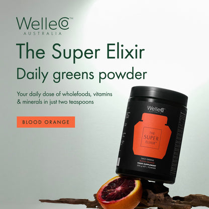 WelleCo The Super Elixir Daily Greens Powder, Probiotic Drink Mix with Whole Foods, Gluten Free, Vegan Gut Health Powder, Energy, Immunity, Healthy Skin, Hair & Nails (Jar, Blood Orange) WelleCoBuy Supplements Australia
