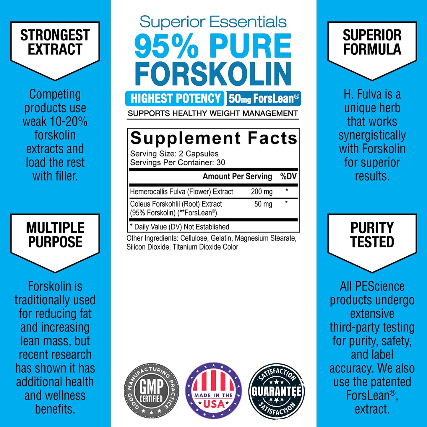 PEScience Forskolin-95+ Capsules, 95% Pure Forskolin from Coleus Forskohlii Extract with Hemerocallis Fulva Extract, Patented ForsLean, 50mg, 60 Count PEScienceBuy Supplements Australia
