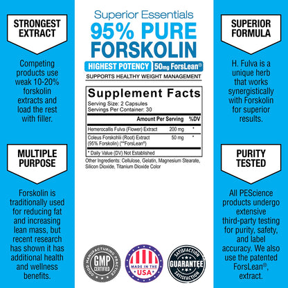 PEScience Forskolin-95+ Capsules, 95% Pure Forskolin from Coleus Forskohlii Extract with Hemerocallis Fulva Extract, Patented ForsLean, 50mg, 60 Count PEScienceBuy Supplements Australia