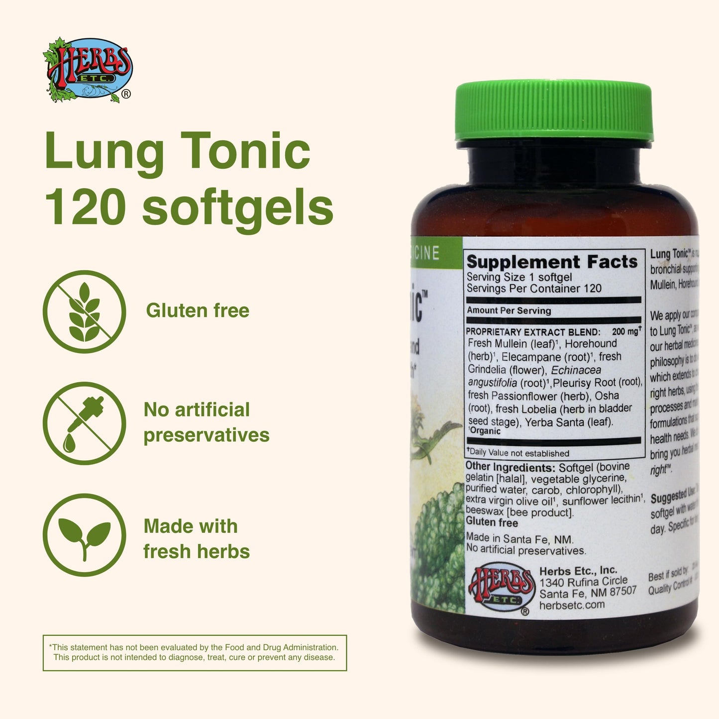 Herbs Etc. Lung Tonic - Lung Supplement for Bronchial Support - Healthy Breathing Support with Mullein, Horehound & Grindelia - 120 Softgels Herbs Etc.Buy Supplements Australia