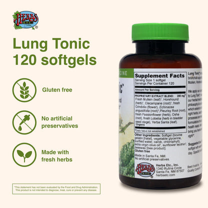 Herbs Etc. Lung Tonic - Lung Supplement for Bronchial Support - Healthy Breathing Support with Mullein, Horehound & Grindelia - 120 Softgels Herbs Etc.Buy Supplements Australia