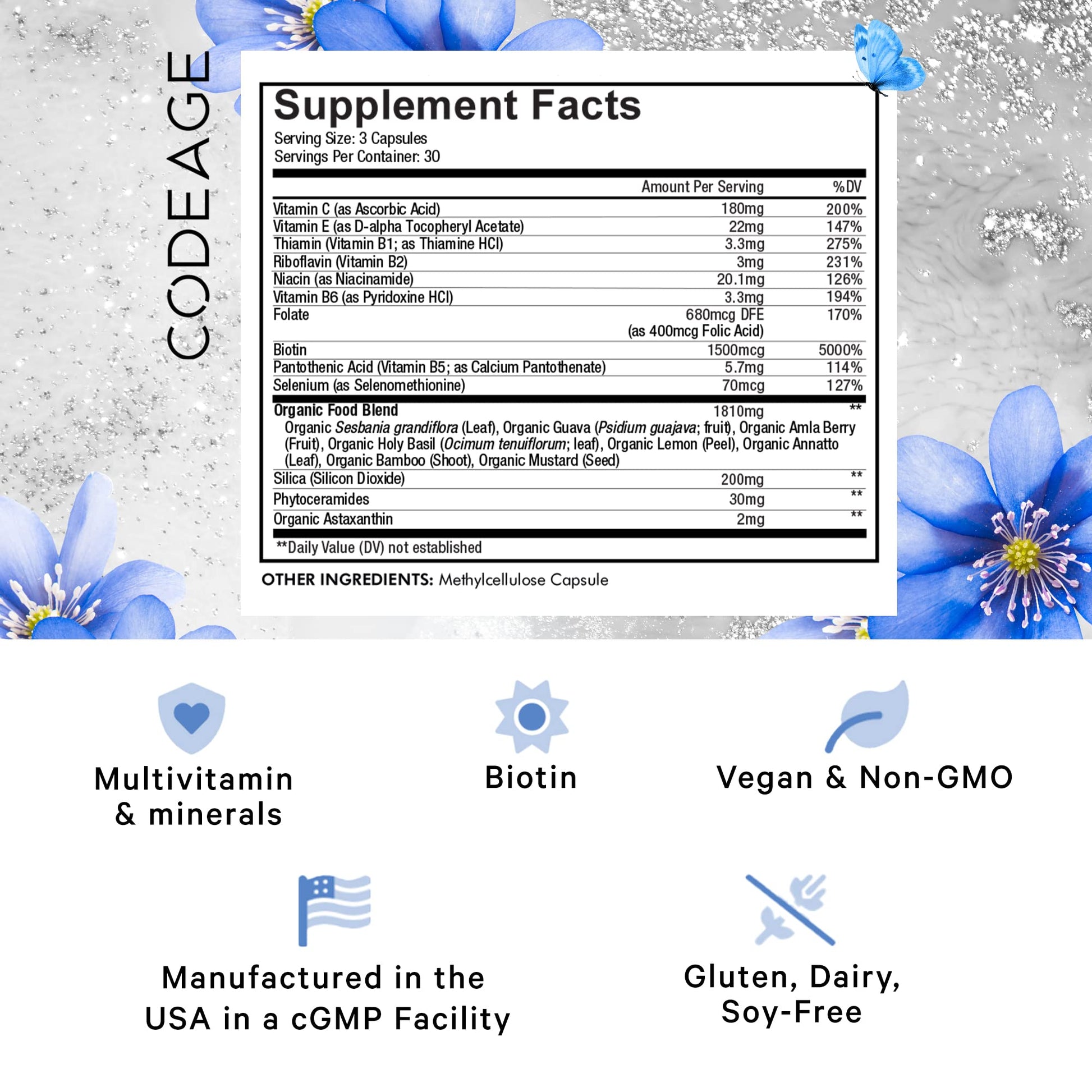Codeage Biotin Supplement with Vitamin C, Vitamin E, Vitamin B6, Niacin, Folate, Organic Food Blend, Phytoceramides, Astaxanthin, Selenium - Beauty Tonic - Hair, Skin, and Nail Support - Vegan, 90 Ct CodeageBuy Supplements Australia