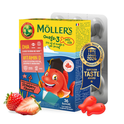 MÖLLER'S Omega 3 Capsules, Natural Fish Oil Omega3 for Kids with DHA and EPA, No Gluten, Lactose or Added Sugar & Easy to Chew, Strawberry Flavor, 36 Capsules MÖLLER'SBuy Supplements Australia