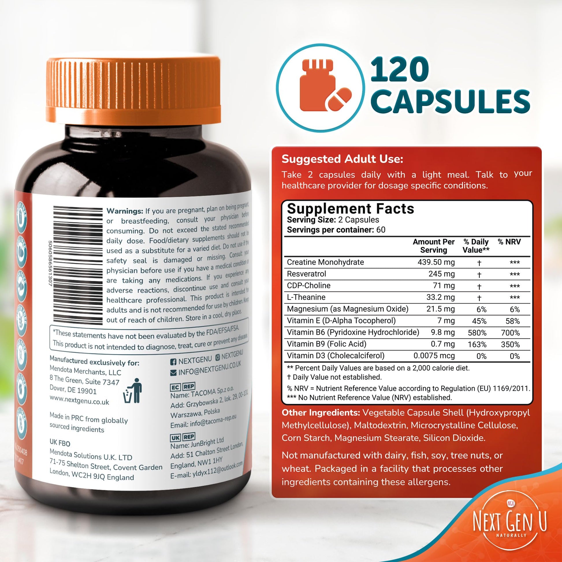 Brain Supplement - 120 Vegan Capsules - Dietary Nootropic May Help Memory, Cognitive Function & Focus - Formulation with Amino Acids, Polyphenols & B Vitamins - for Women, Men & Seniors - by NextGenU NGU Next Gen UBuy Supplements Australia