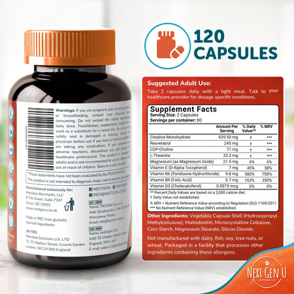 Brain Supplement - 120 Vegan Capsules - Dietary Nootropic May Help Memory, Cognitive Function & Focus - Formulation with Amino Acids, Polyphenols & B Vitamins - for Women, Men & Seniors - by NextGenU NGU Next Gen UBuy Supplements Australia