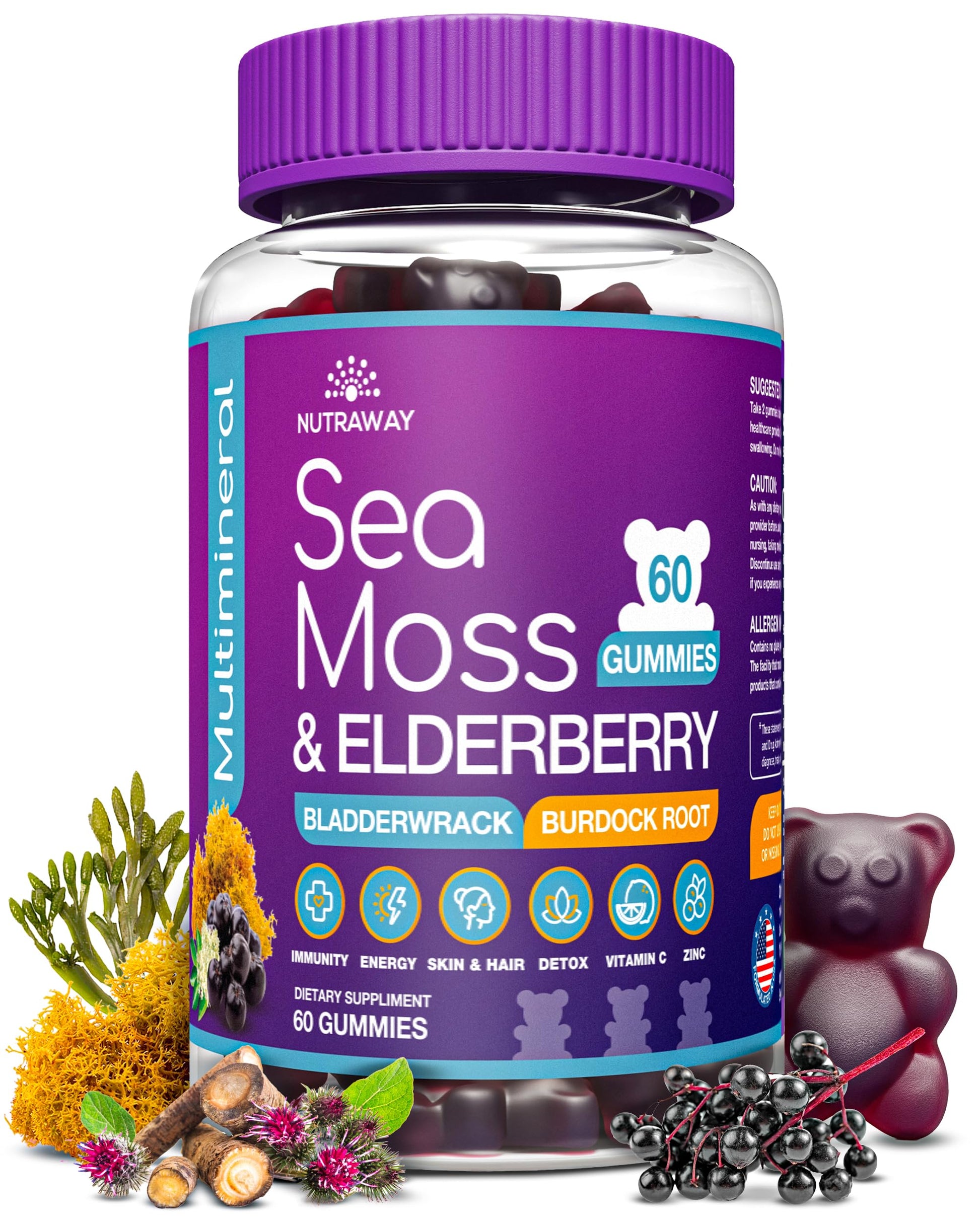 NUTRAWAY LABS Sea Moss Gummies with Elderberry, Vitamin C & Zinc - 102 Minerals from Irish Sea Moss, Bladderwrack & Burdock Root for Immune Support - Vegan Seamoss Supplement (Pack of 1) NUTRAWAY LABSBuy Supplements Australia