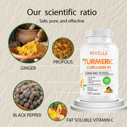 NIVELLE Turmeric Curcumin | Pure Turmeric Curcumin Supplement 1000mg | 95% Curcuminoids with Bee Propolis, Ginger, MCT Oil, Fat Soluble Vitamin C, & Black Pepper | 120 Capsules (1) NIVELLEBuy Supplements Australia