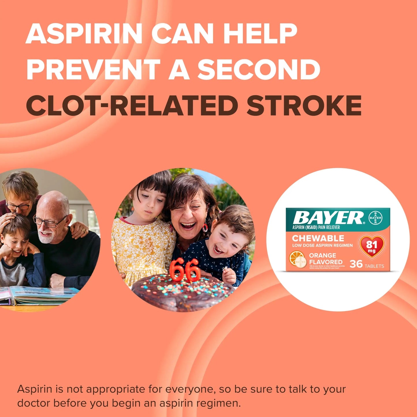 Bayer Aspirin Low Dose 81 mg Chewable Tablets, Pain Reliever, Orange Flavored, 216 Tablets (6 Pack) BayerBuy Supplements Australia