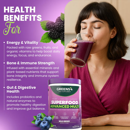 Greens+ Advanced Multi Wild Berry Superfood Powder, Organic Blend, Vegan, Non-GMO, Soy-Free, Dairy-Free, Gluten-Free, Dietary Supplement with Vitamins & Minerals, 9.4 oz Greens+Buy Supplements Australia