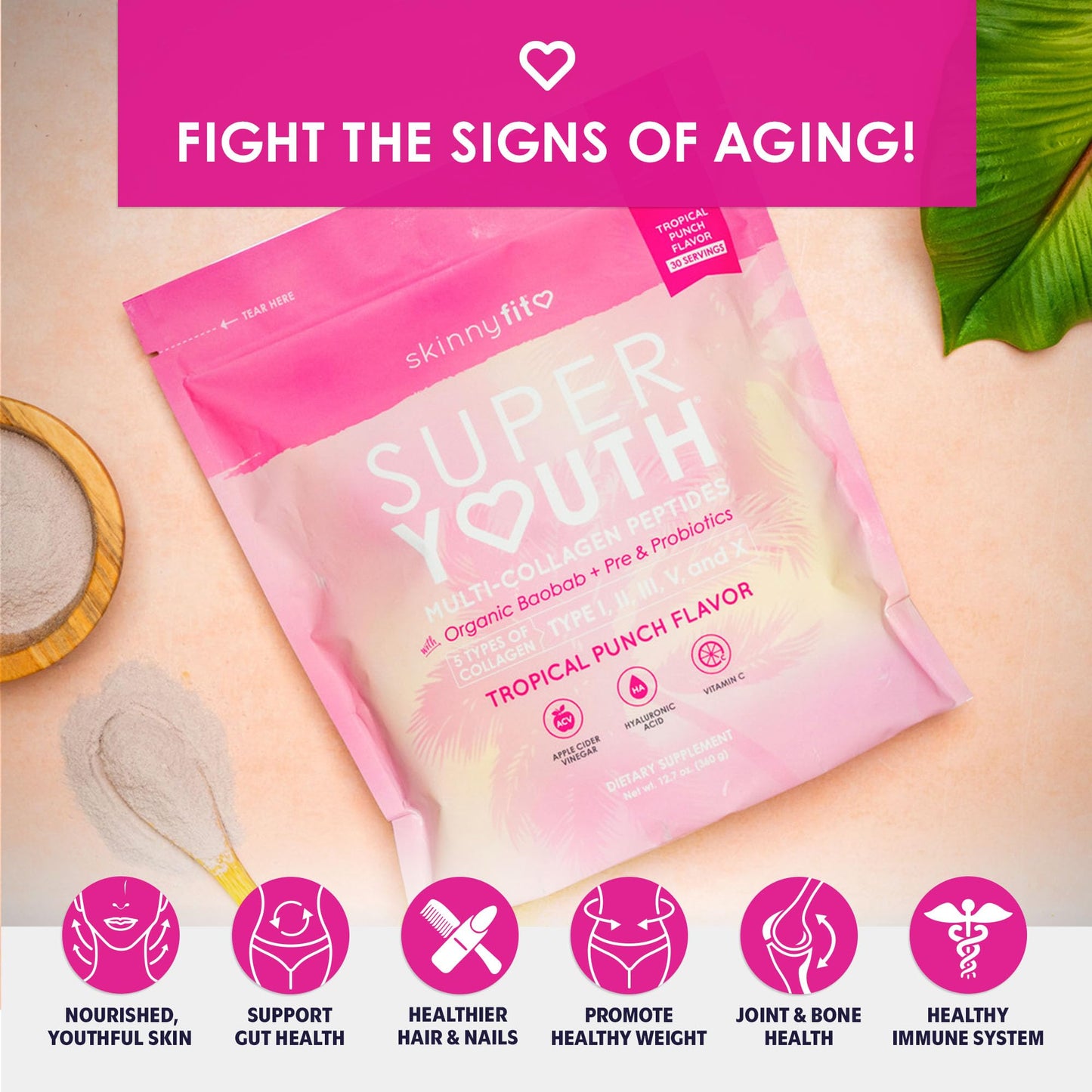 SkinnyFit Super Youth Tropical Punch Multi-Collagen Peptides + Probiotics, Baobab Fiber SkinnyFitBuy Supplements Australia