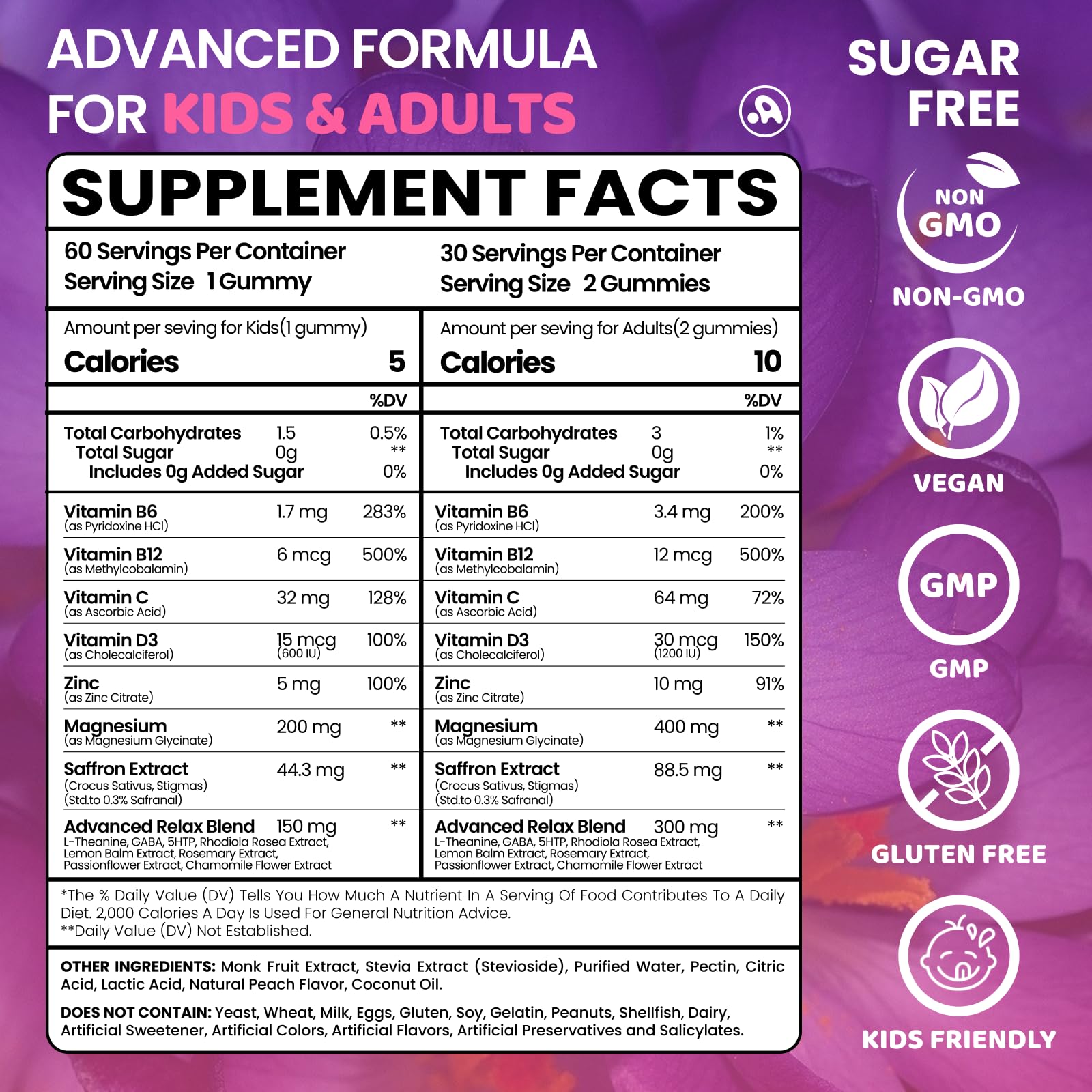 Saffron Gummies for Kids Adults 88.5mg, 15-in-1 Saffron Supplements for Kids, with B6, B12, C, D3, Magnesium Glycinate, Zinc for Nerve, Rest, Focus, Sugar Free, Vegan, Non- GMO, Peach Flavor, 60 Count Aube'AzurBuy Supplements Australia