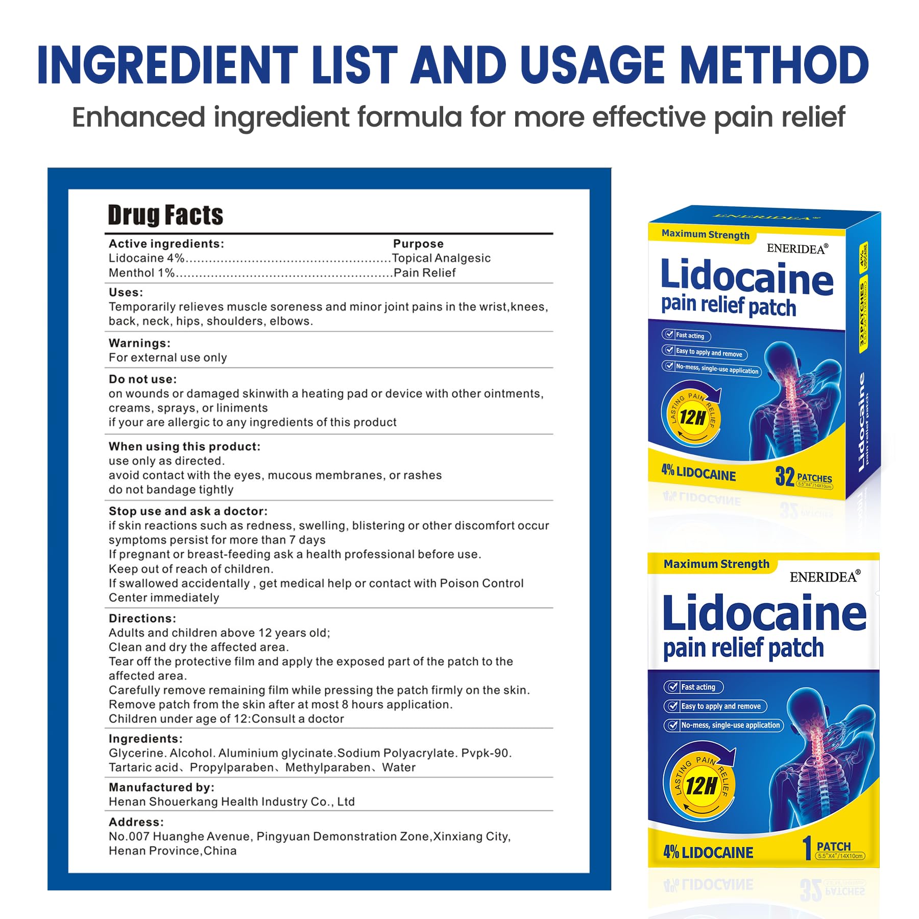 ENERIDEA Lidocaine Gel Pain Relief Patch for Sensitive Skin - Breathable & Hypoallergenic, Flexible Adhesion for Daily Muscle & Joint Comfort - 12 Hour Pain Relief (32 Patches) ENERIDEABuy Supplements Australia