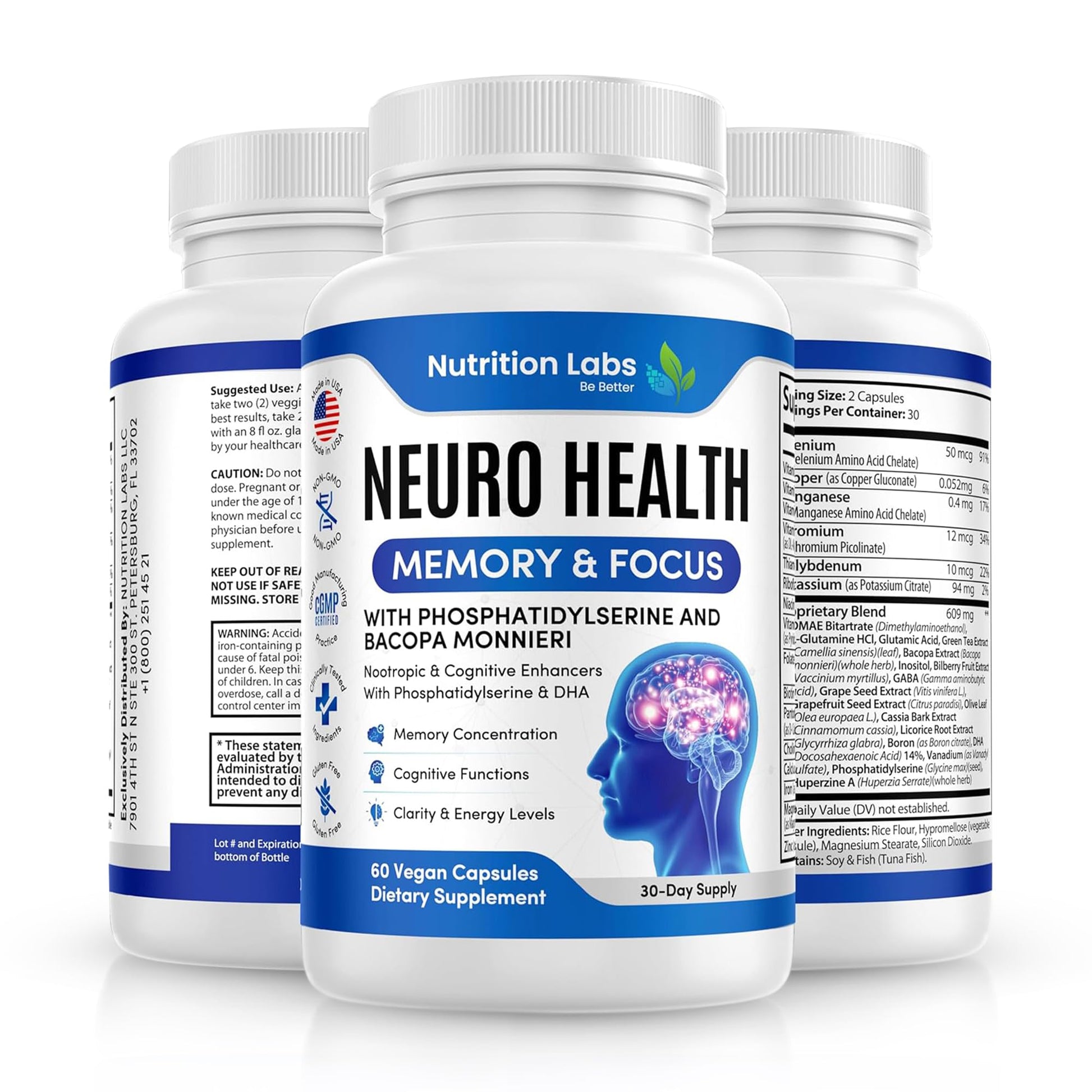 Nootropic & Neuro Brain Supplement for Memory & Focus Support. Clinically Tested Vitamins for Mental Support & Cognitive Clarity W/Bacopa Monnieri, VIT A, B6, Riboflavin, Niacin, Thiamin & Folate NUTRITION LABS BE BETTERBuy Supplements Australia