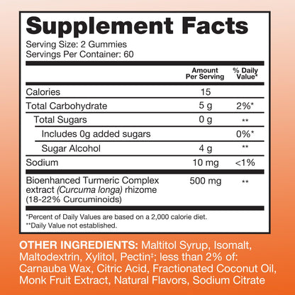 Qunol Zero Sugar Turmeric Gummies, Gummy with 500mg Turmeric Curcumin, Joint Support Supplement, Ultra High Absorption Tumeric Curcumin,