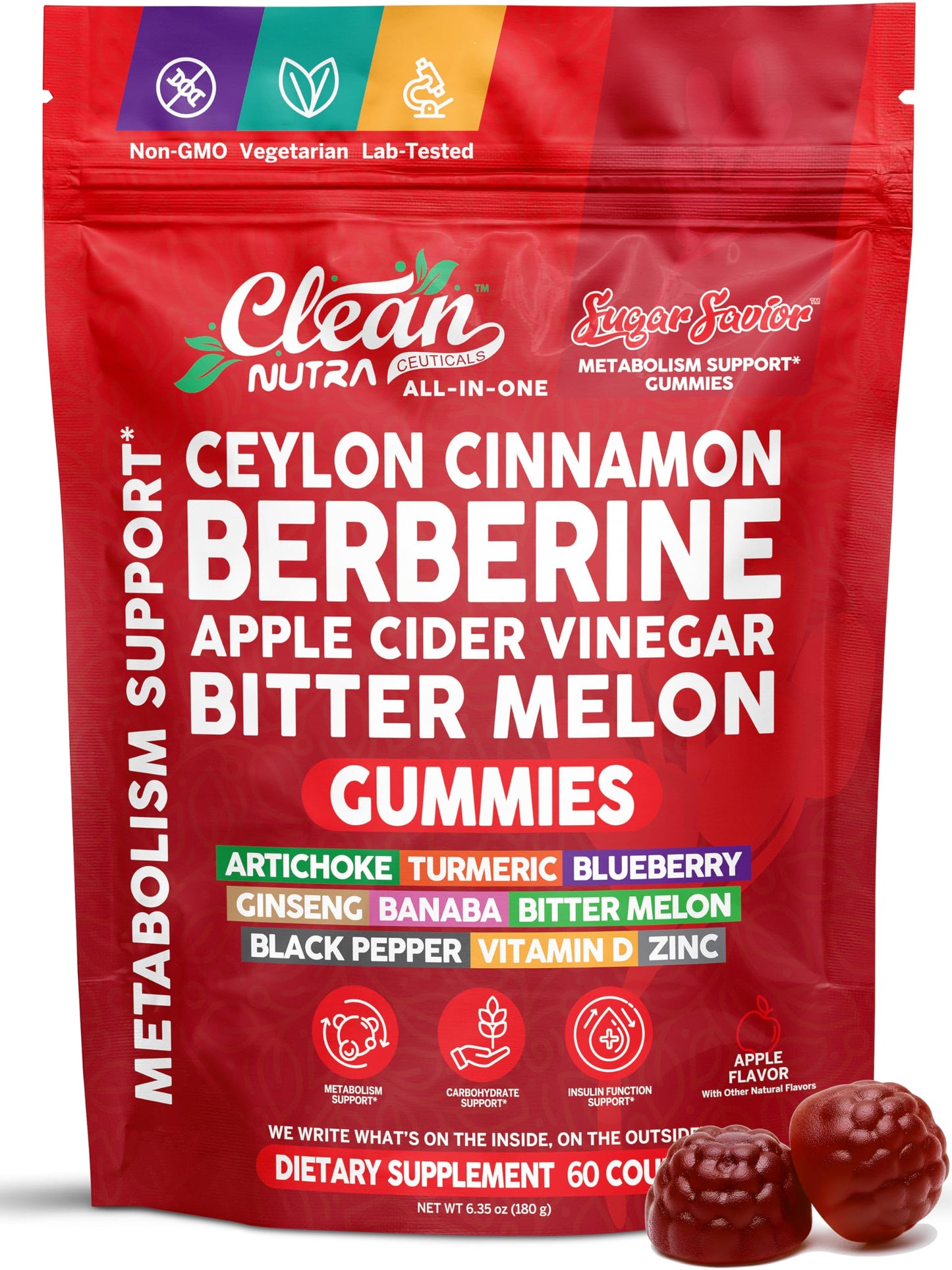 Sugar Savior Ceylon Cinnamon Berberine Gummies Apple Cider Vinegar Artichoke Turmeric Blueberry Ginseng Banaba Bitter Melon Black Pepper Vitamin D Zinc GLP1 Gummies 60 Count by Clean Nutra Clean NutraceuticalsBuy Supplements Australia