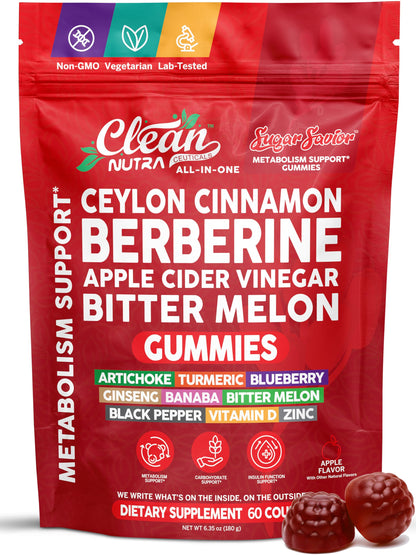 Sugar Savior Ceylon Cinnamon Berberine Gummies Apple Cider Vinegar Artichoke Turmeric Blueberry Ginseng Banaba Bitter Melon Black Pepper Vitamin D Zinc GLP1 Gummies 60 Count by Clean Nutra Clean NutraceuticalsBuy Supplements Australia