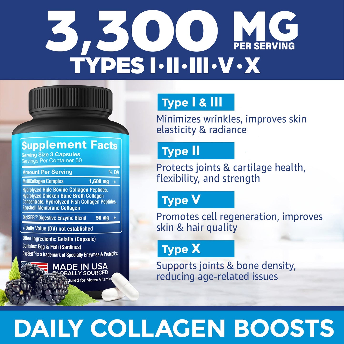 Multi Collagen Pills (Types I, II, III, V & X) - Marine Collagen & Bone Broth Capsules MOREX VITAMINSBuy Supplements Australia