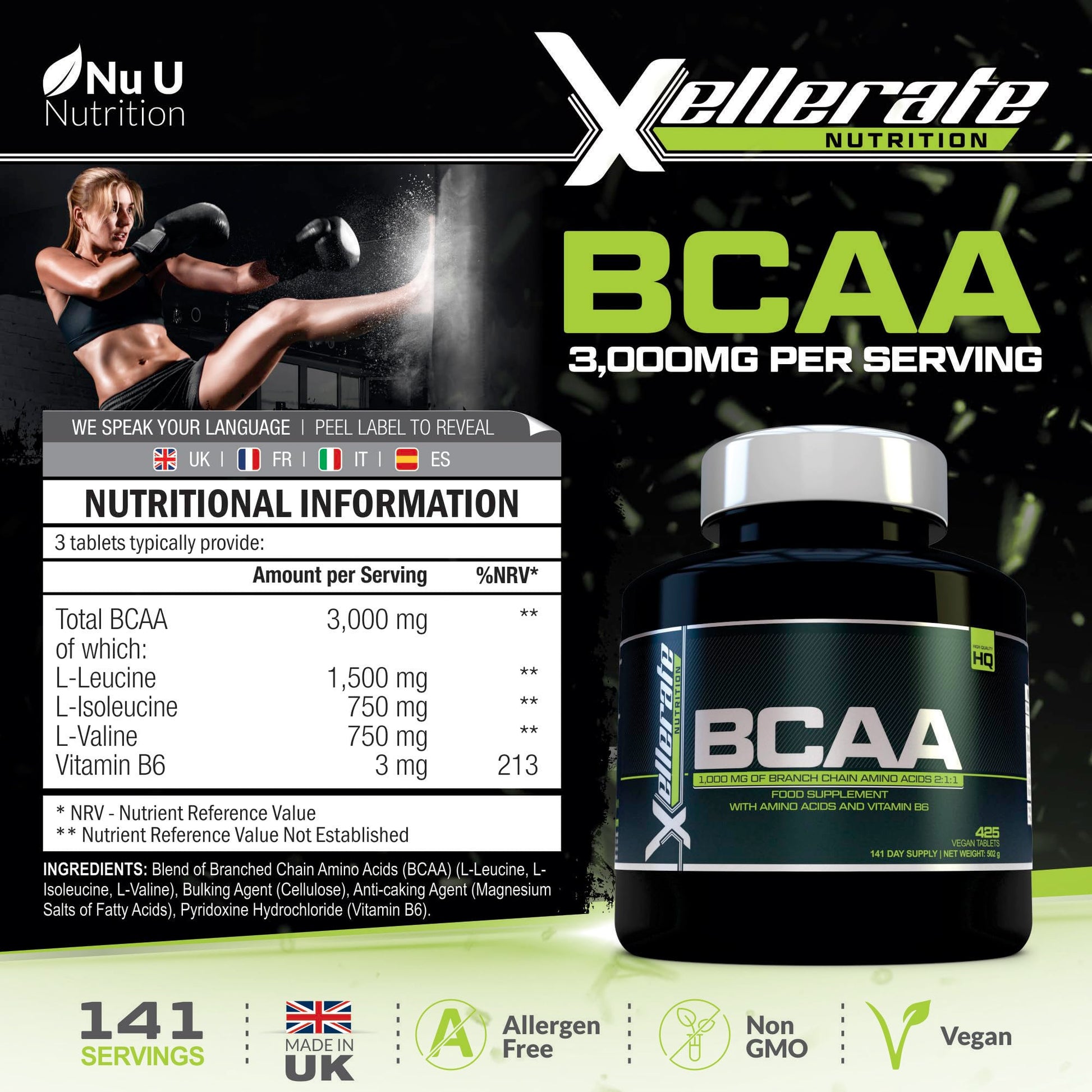 BCAA 1000mg - 425 Vegan Tablets - 3000mg Daily Serving - 141 Day Supply - 2:1:1 BCAAs Xellerate NUTRITIONBuy Supplements Australia