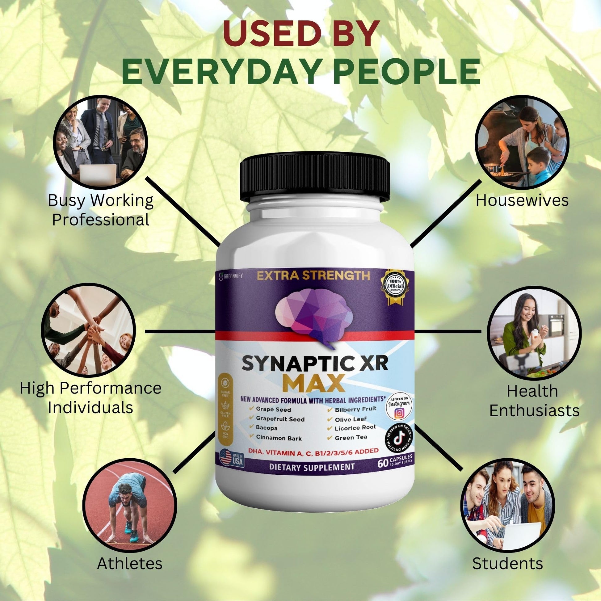 GREENVIFY Synaptic XR Max Extra Strength Brain Support Supplement with Herbal Ingredients, 60 Capsules, DHA Vitamins, Nootropic Formula (1) GREENVIFYBuy Supplements Australia