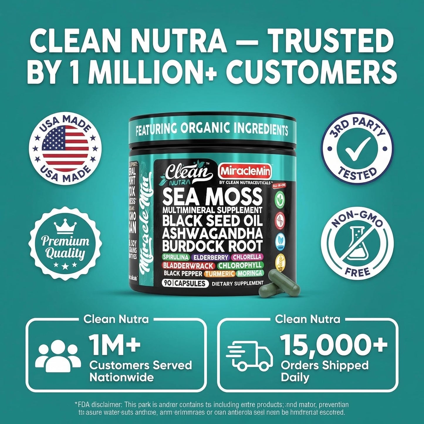 Clean Nutra Organic Sea Moss Capsules with Ashwagandha, Black Seed Oil, Burdock Root, Bladderwrack, Moringa, Chlorella, Spirulina, Turmeric, Elderberry, Amla – 90 Vegan Capsules – MiracleMin Clean NutraceuticalsBuy Supplements Australia